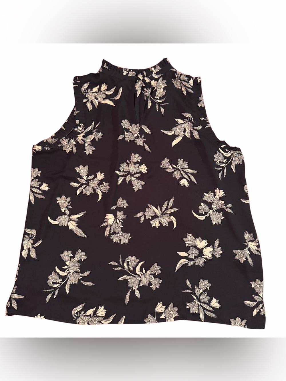 Ann Taylor Dark Blue Sleeveless Floral Mock-Neck Blouse, size XL